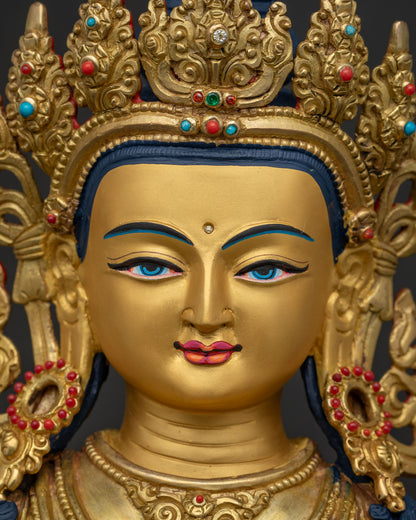 Handcrafted Ksitigarbha Bodhisattva statue with gold gilding and gemstone details