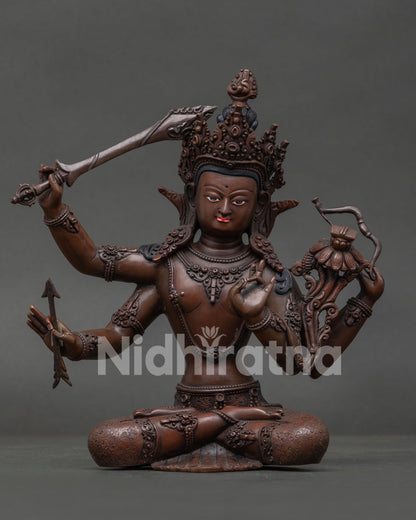 Handcrafted Maha Manjushri Statue in oxidized copper Finish