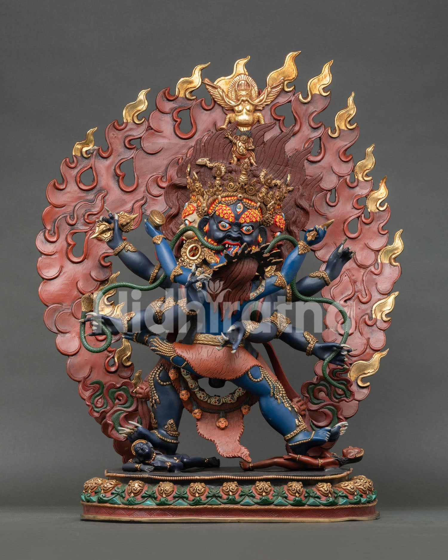 Handcrafted Mahachakra Vajrapani Statue from Nepal featuring copper body, gold gilded details, and vibrant acrylic colors.