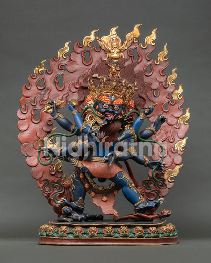 Handcrafted Mahachakra Vajrapani Statue from Nepal featuring copper body, gold gilded details, and vibrant acrylic colors.