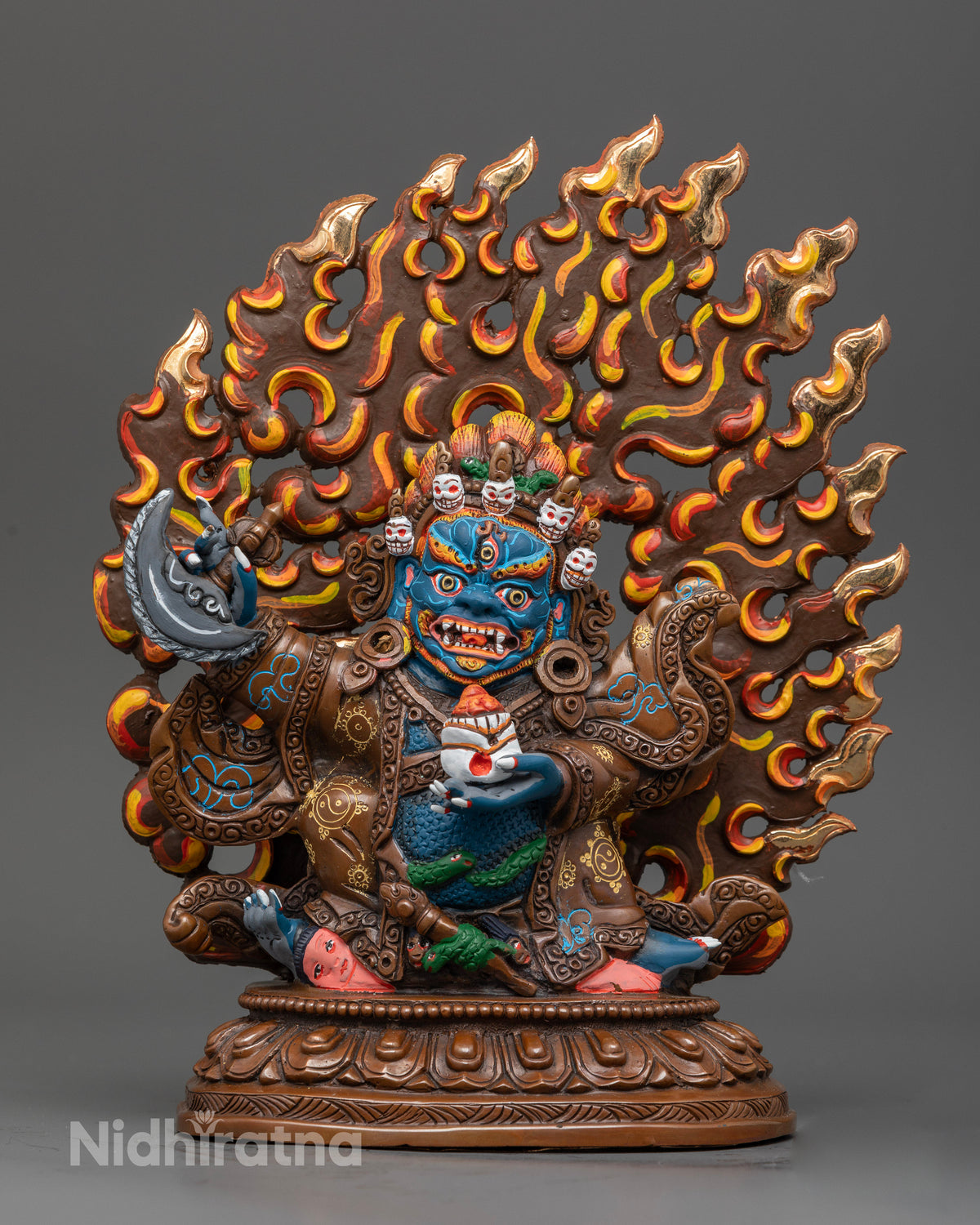Handcrafted Mahakala Bernagchen Statue with handcarved royal garment.