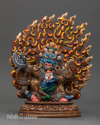 Handcrafted Mahakala Bernagchen Statue with handcarved royal garment.
