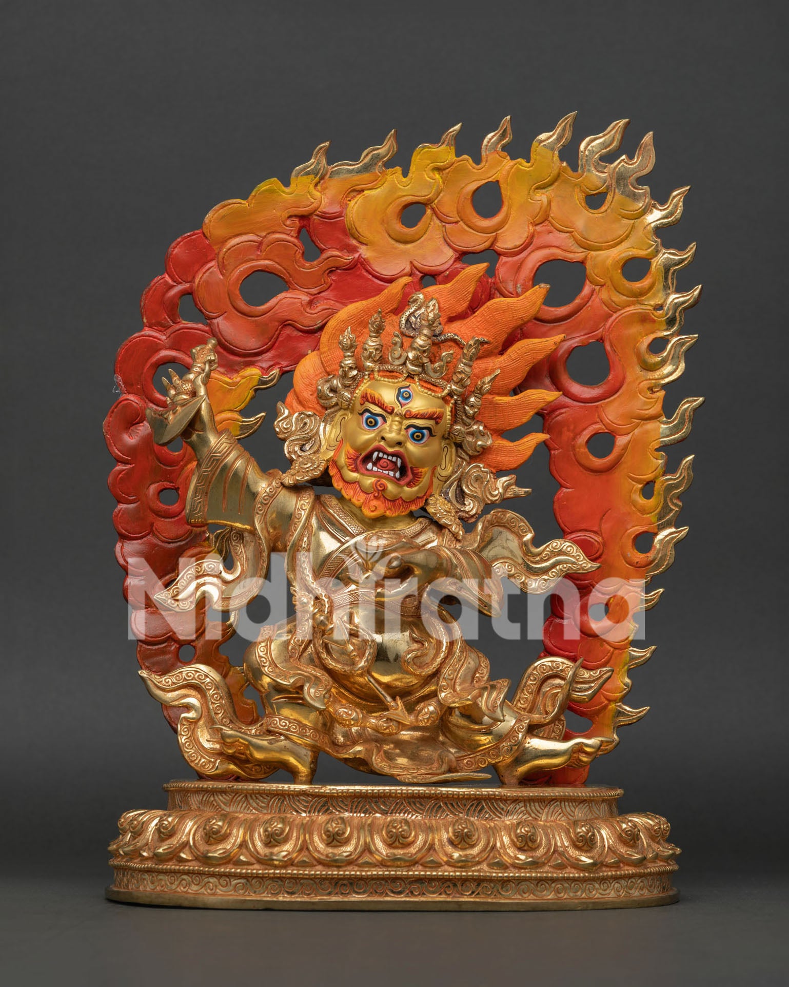 Handcrafted Mahakala Bernagchen statue with 24K gold fire gilding and sacred flame aureole from Nepal