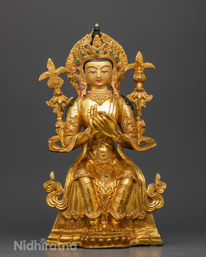 Handcrafted Maitreya Buddha Statue with 24K gold fire gilding and semi-precious stone crown from Nepal
