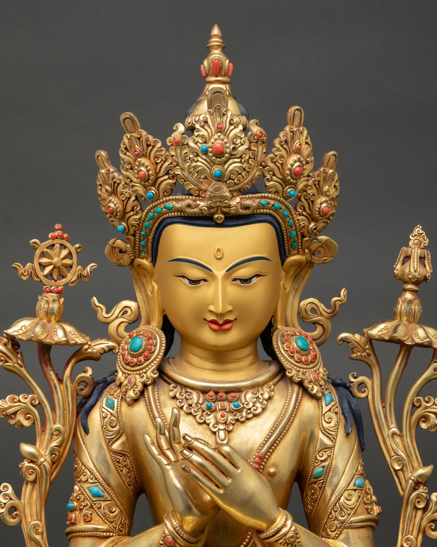 Handcrafted Maitreya Buddha Statue with Gold Gilding and Semi Precious Stones Close Up