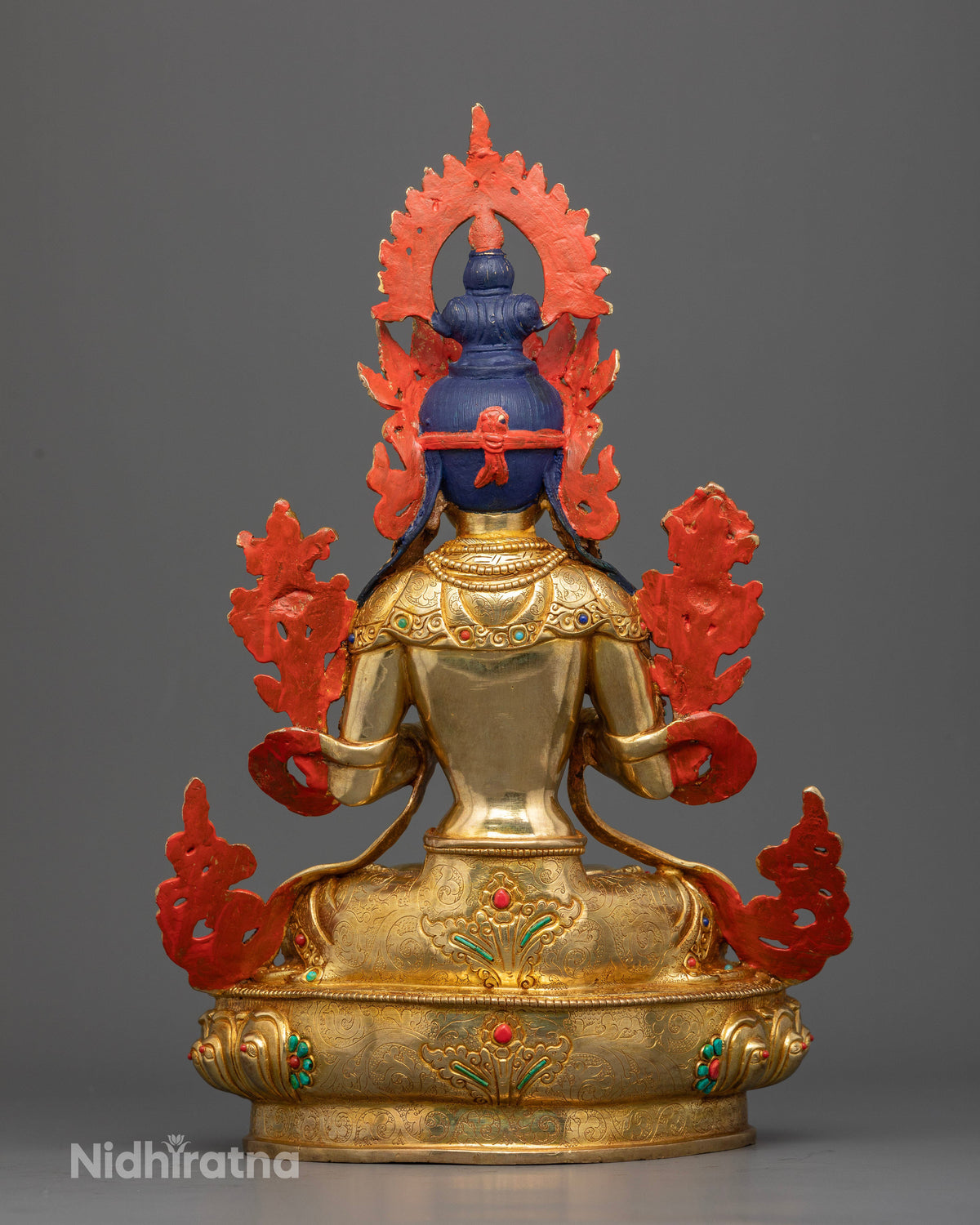 Handcrafted Maitreya Buddha Statue with radiant halo and traditional Newari metalwork