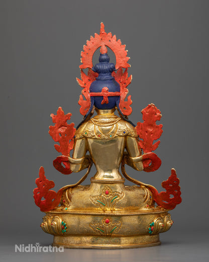 Handcrafted Maitreya Buddha Statue with radiant halo and traditional Newari metalwork