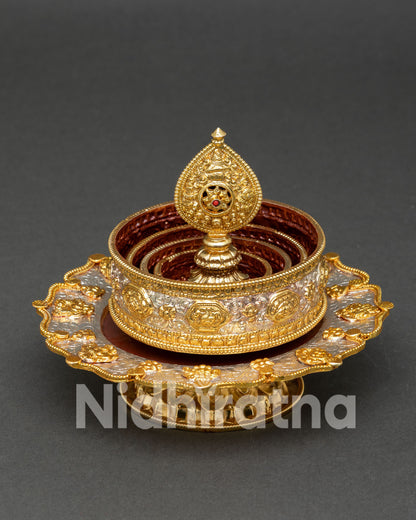 Handcrafted Mandala in Copper with Gold Plated Finish and Silver Details from Nepal