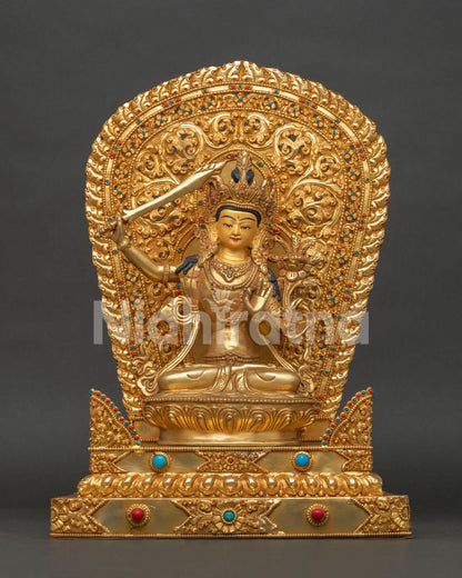 Handcrafted Manjushri Bodhisattva statue with flaming wisdom sword and Prajnaparamita Sutra from Nepal