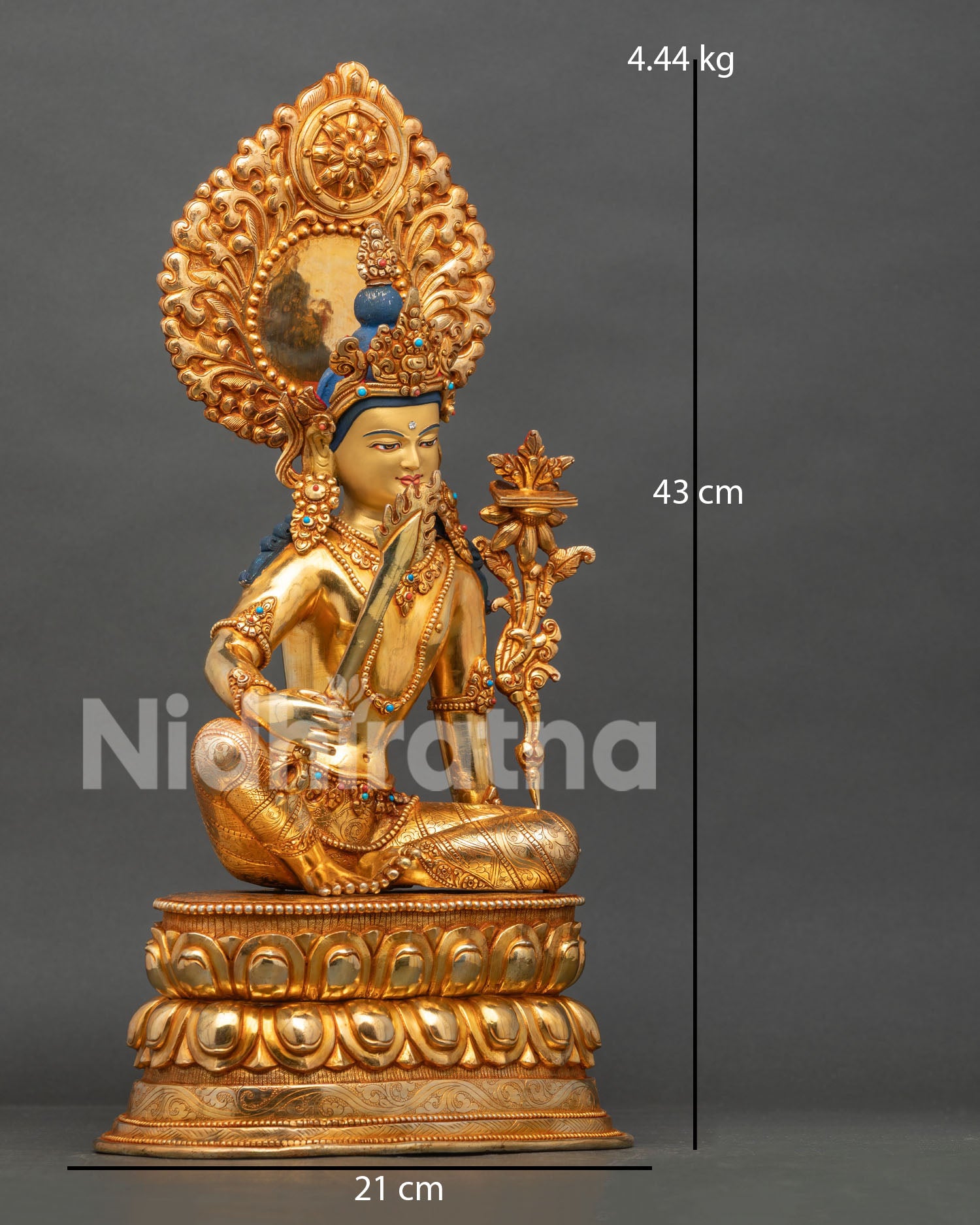 Handcrafted Manjushri Buddhist statue in royal ease posture on double lotus pedestal
