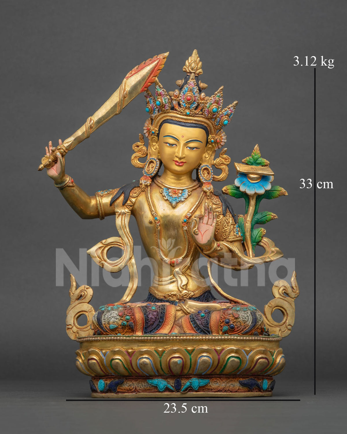 Handcrafted Manjushri Statue from Nepal, Front View with Wisdom Sword and Utpala Flower