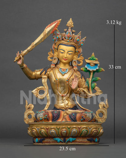 Handcrafted Manjushri Statue from Nepal, Front View with Wisdom Sword and Utpala Flower