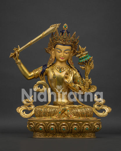 handcrafted Manjushri statue from Nepal gold gilded Buddhist art front