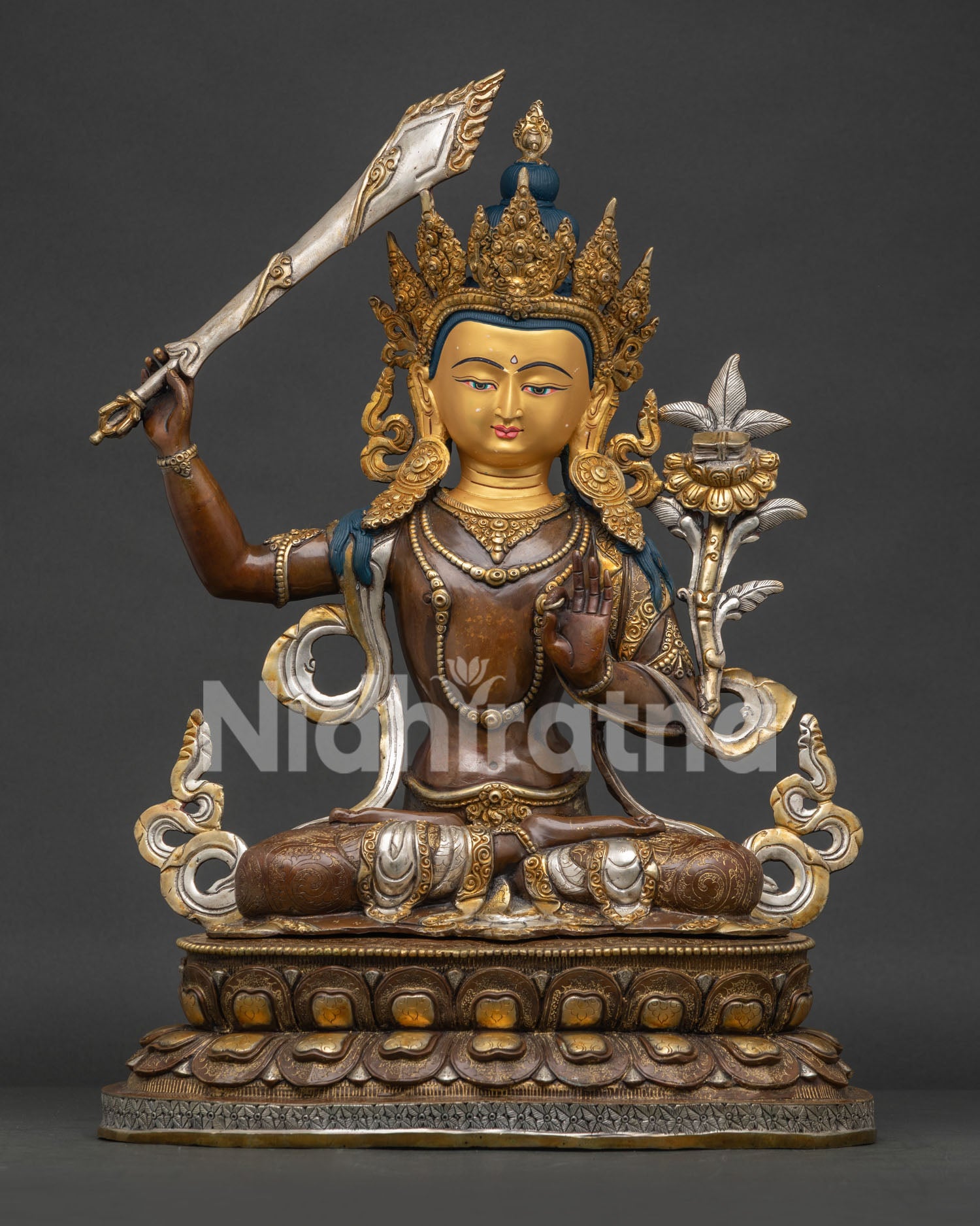 Handcrafted Manjushri Statue Front View Oxidized Copper with Gold and Silver Finish