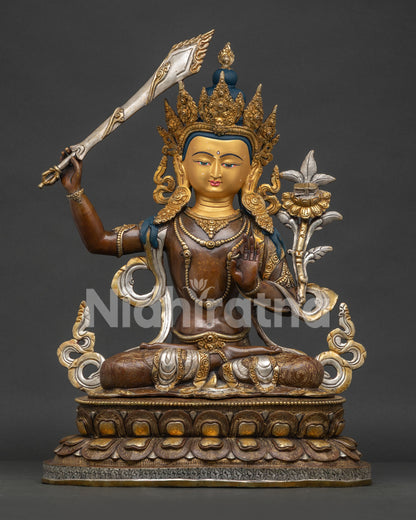 Handcrafted Manjushri Statue Front View Oxidized Copper with Gold and Silver Finish