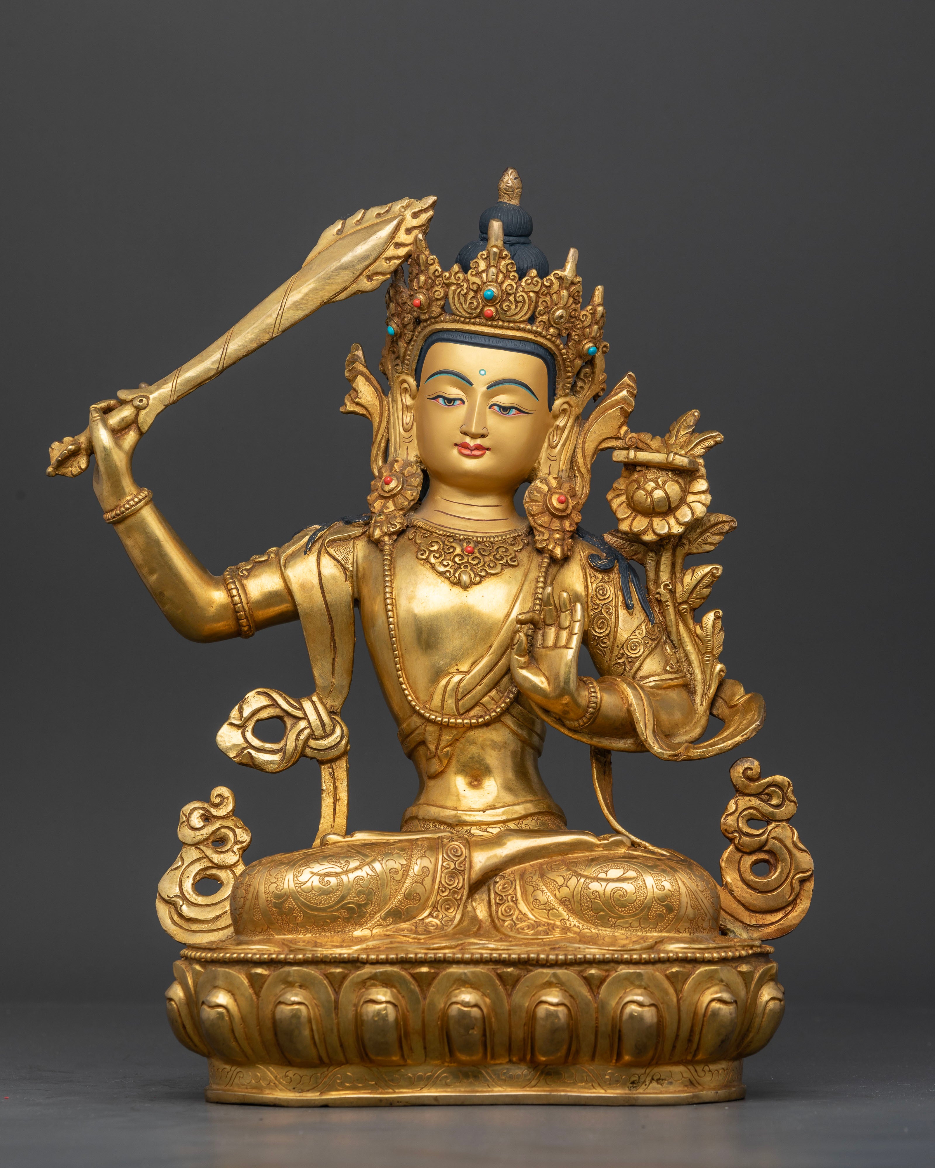 Handcrafted Manjushri Statue front view with 24K gold gilding and Buddhist wisdom symbolism