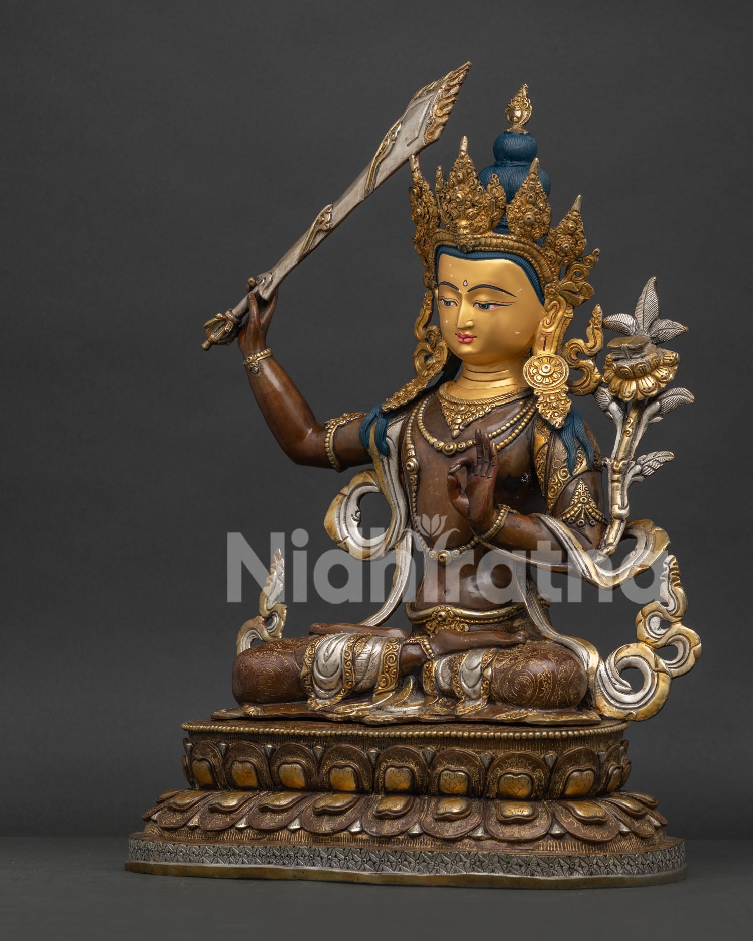 Handcrafted Manjushri Statue Left Side View with Sacred Buddhist Details
