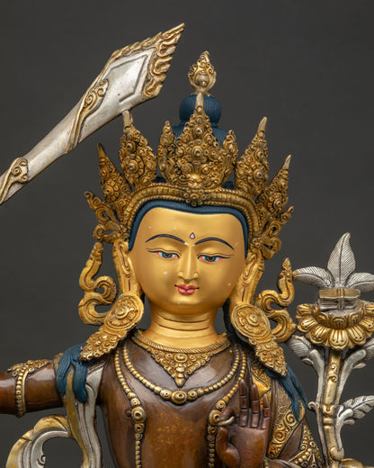 Handcrafted Manjushri Statue Regular Close Up with Intricate Metalwork Details