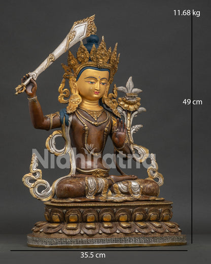 Handcrafted Manjushri Statue Right Side View with Lotus Pedestal