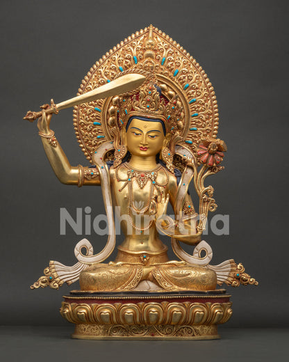 Handcrafted Manjushri Statue with 24K gold gilding on lotus throne front view