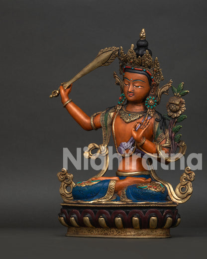 Handcrafted Manjushri Statue with Flaming Sword and Lotus Pedestal.