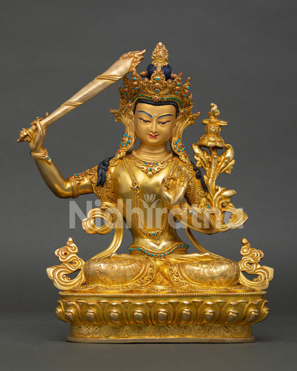 handcrafted manjushri statue with gold fire gilding and lotus throne front view