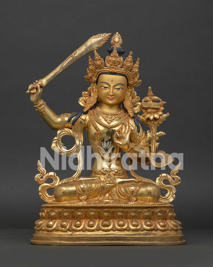 Handcrafted Manjushri Statue with Gold Gilded Body and Double Lotus Throne.