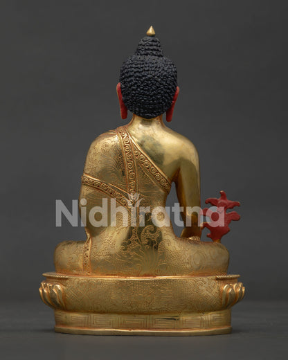 Handcrafted Medicine Buddha Copper Statue with Floral Motif Robe.