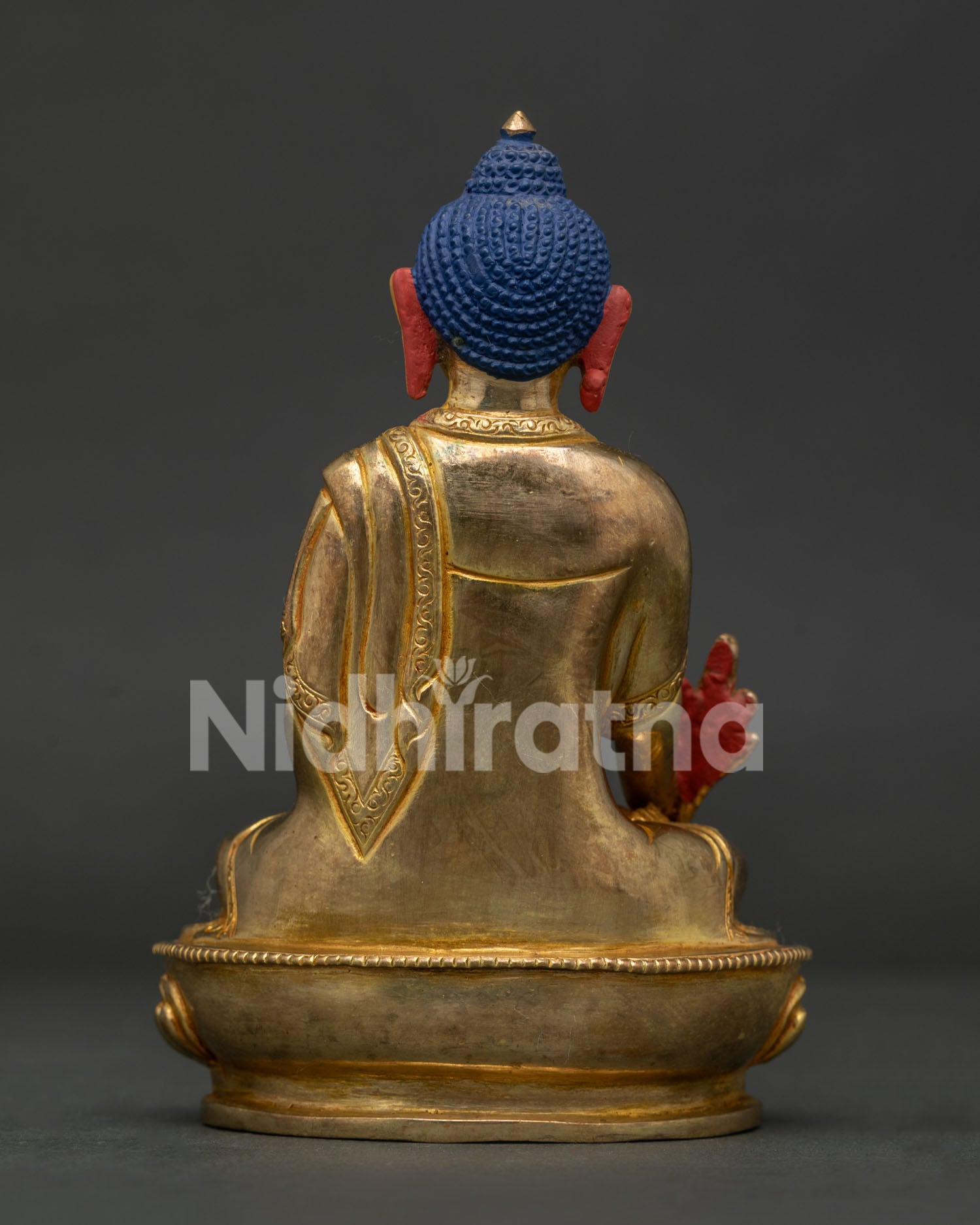 Handcrafted Medicine Buddha Copper Statue with Traditional Monastery Robe Back View.
