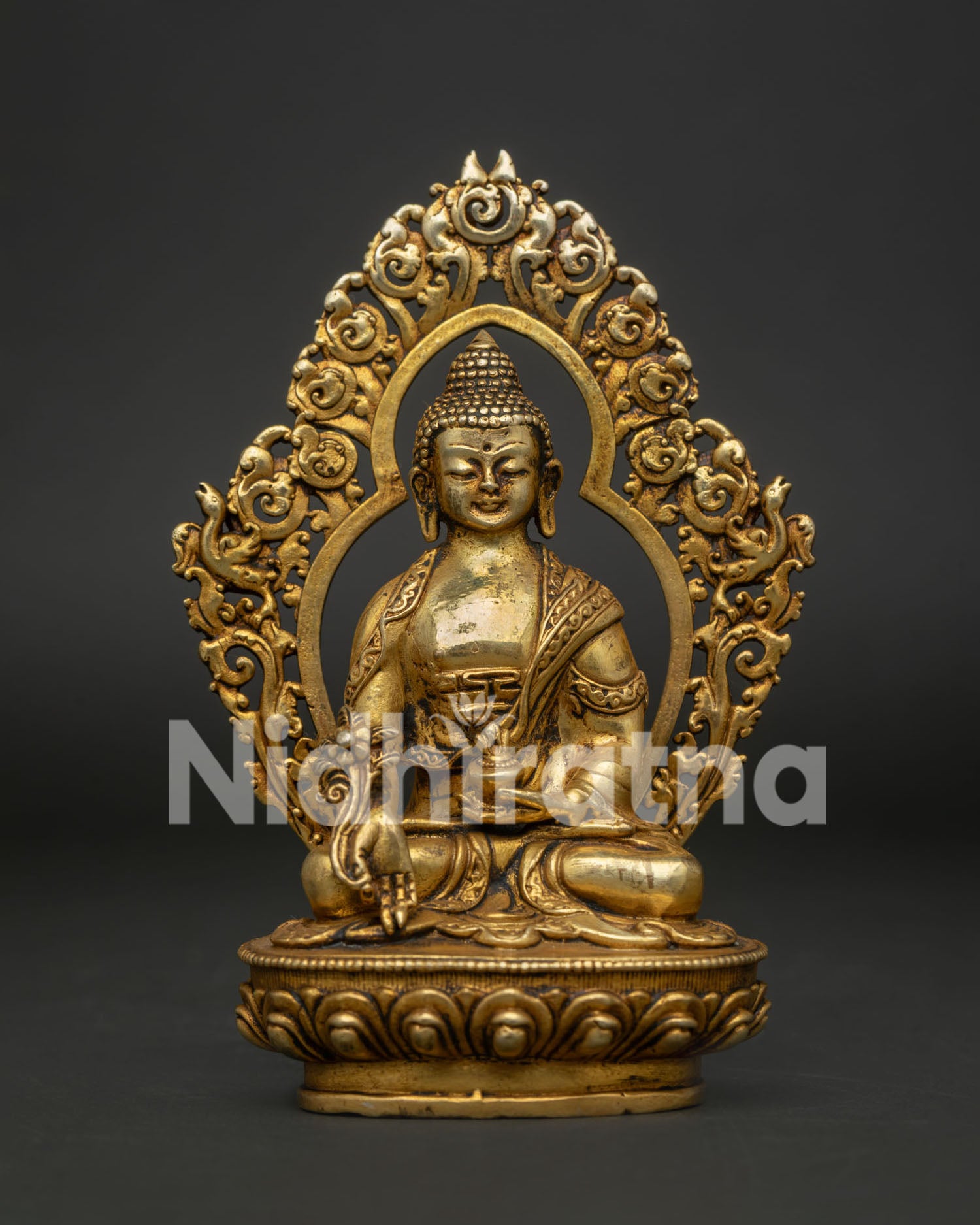 Handcrafted Medicine Buddha Statue Front View Gold Fire Gilded Copper Nepal.