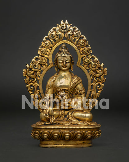 Handcrafted Medicine Buddha Statue Front View Gold Fire Gilded Copper Nepal.