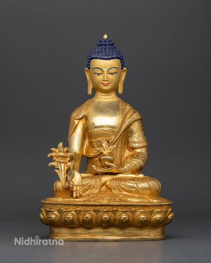 Handcrafted medicine buddha statue in copper with 24k gold fire gilded finish from patan nepal.