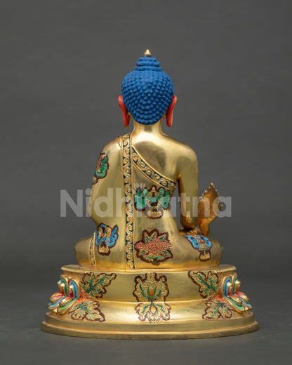 Handcrafted Medicine Buddha statue newari art with gold fire gilded finish.