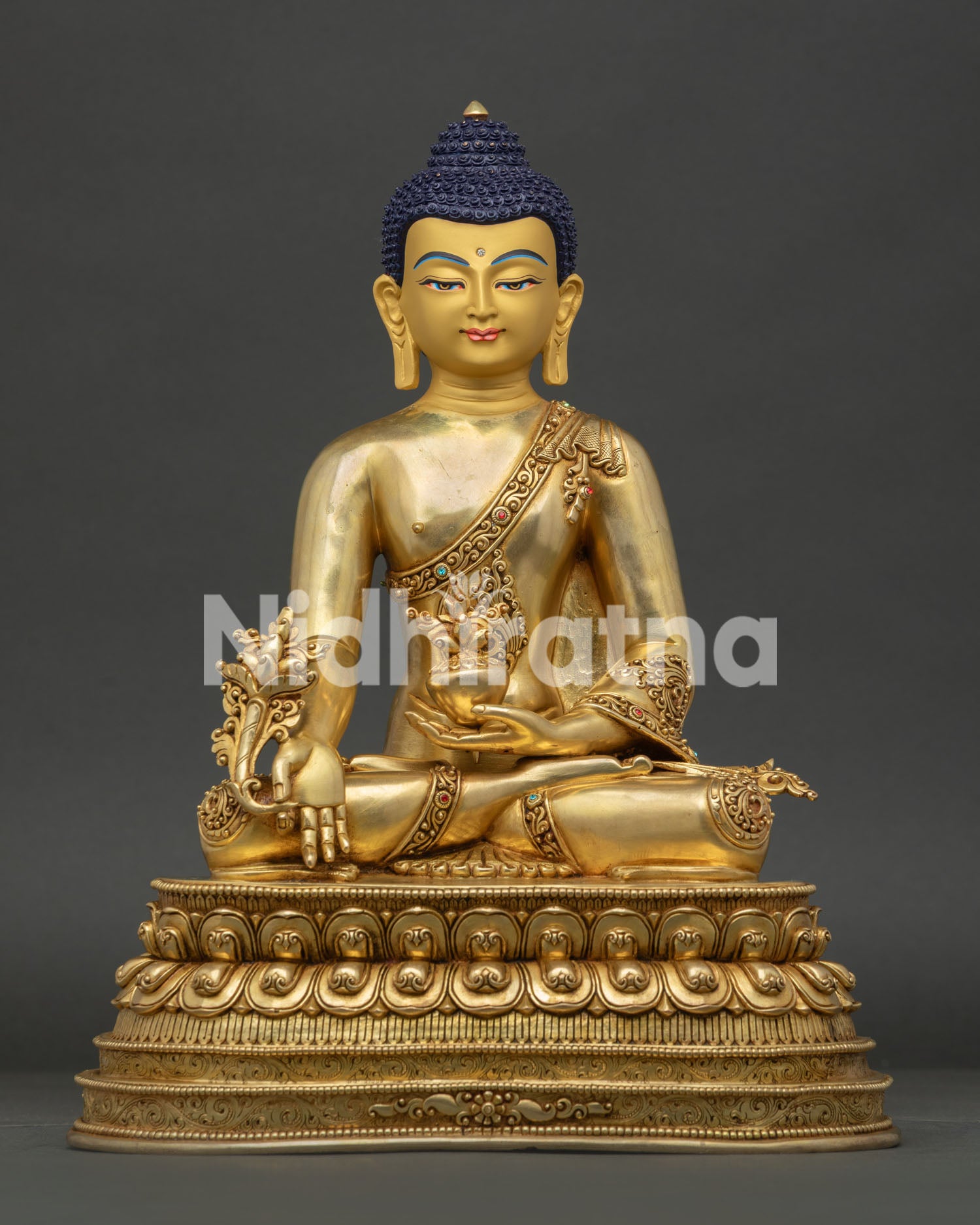 Handcrafted Medicine Buddha Statue with 24K Gold Fire Gilding and Double Lotus Pedestal Made in Nepal