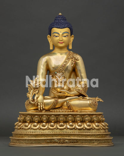 Handcrafted Medicine Buddha Statue with 24K Gold Fire Gilding and Double Lotus Pedestal Made in Nepal