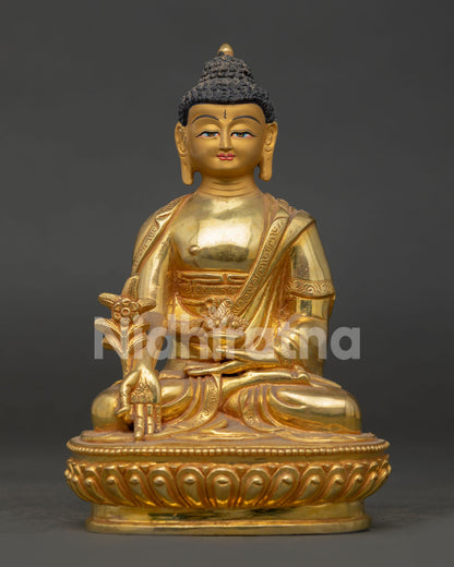 Handcrafted medicine buddha statue with gold gilded copper finish from nepal.