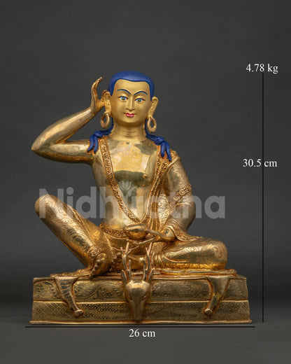 Handcrafted Milarepa sculpture from Patan, Nepal with fire gilded gold finish
