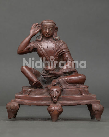 Handcrafted Milarepa Statue in Oxidized Copper on Ornate Throne by Newari Artisans.