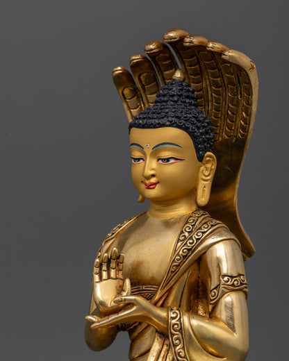 Handcrafted Nagarjuna Buddhist statue made from copper with gold fire gilding and a 24K gold painted face.