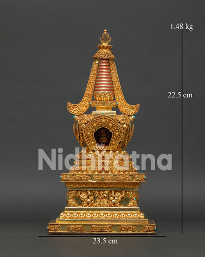 Handcrafted Namgyalma Stupa from Nepal with Gold Plated Copper and Turquoise, Coral Stone Details