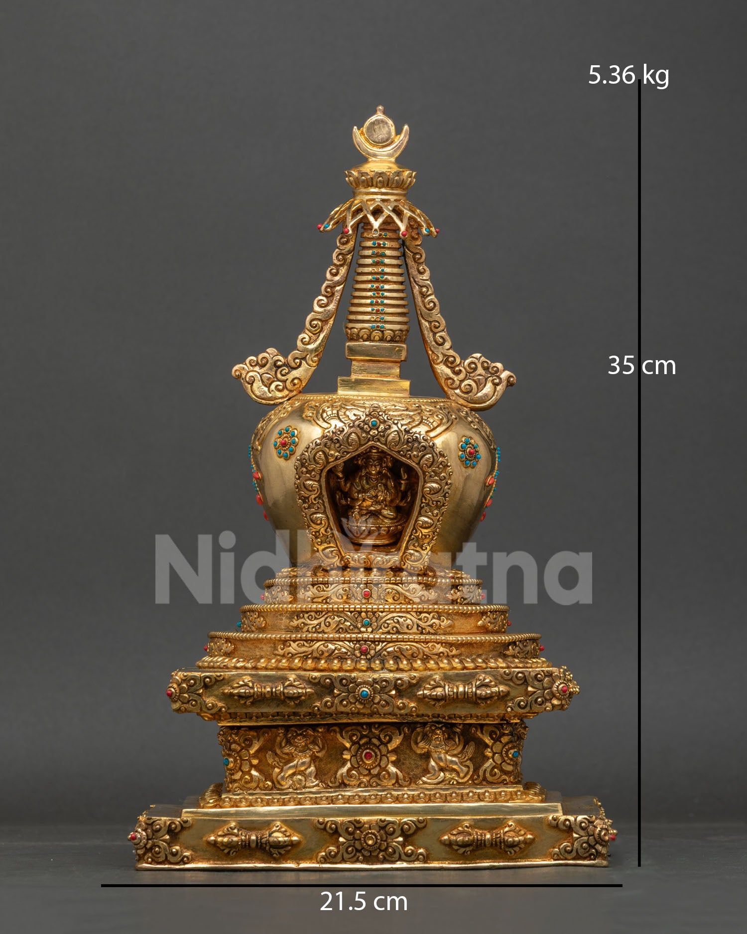 Handcrafted Namgyalma Stupa with intricate floral carvings and Himalayan metalwork