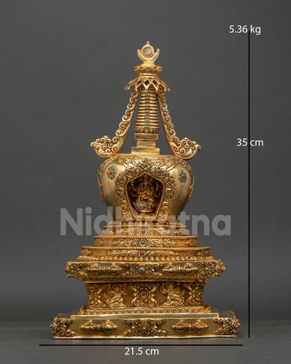 Handcrafted Namgyalma Stupa with intricate floral carvings and Himalayan metalwork