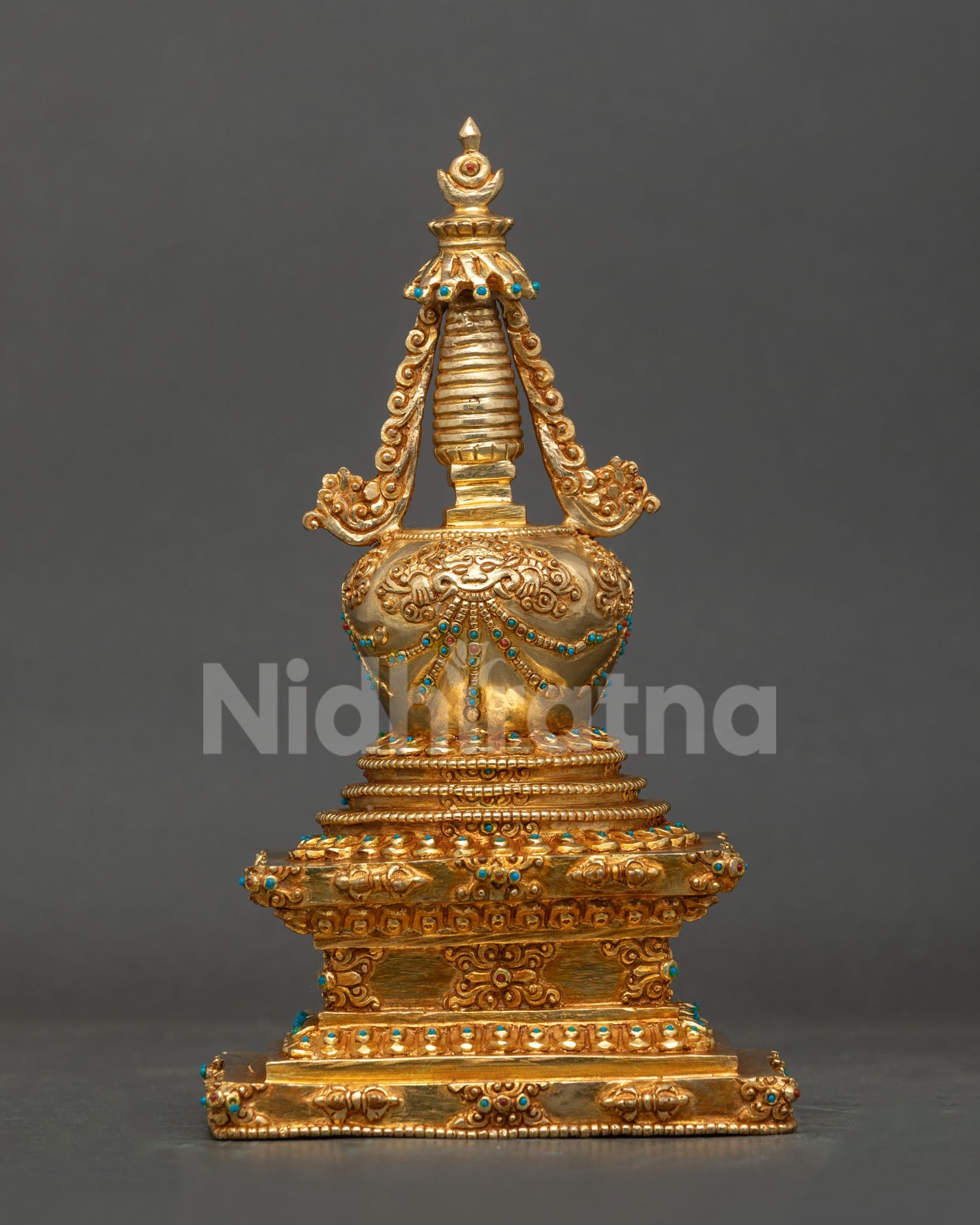Handcrafted Namgyalma Stupa with intricate floral carvings for Buddhist altars