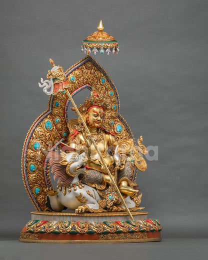 Handcrafted Namtoshe statue with flaming halo and jeweled parasol, three-quarter view