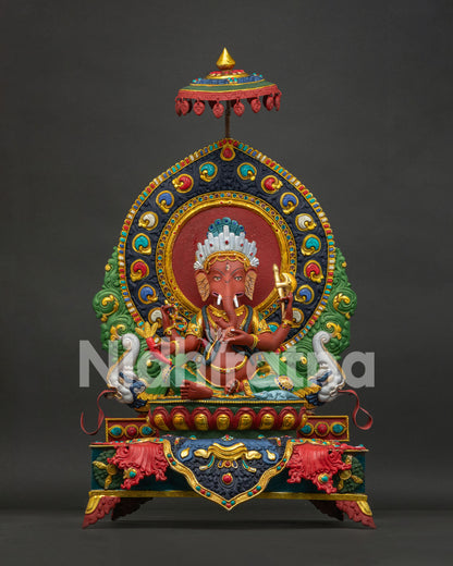 Handcrafted Nepal Ganesh statue front view with acrylic colors, gold gilding and gemstones