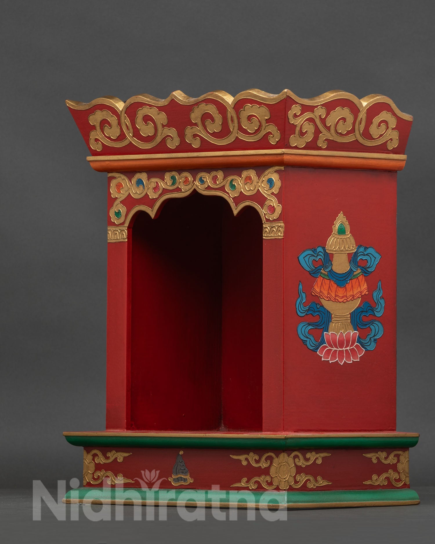 Handcrafted Nepalese Buddhist shrine box with engraved Treasure Vase auspicious symbols