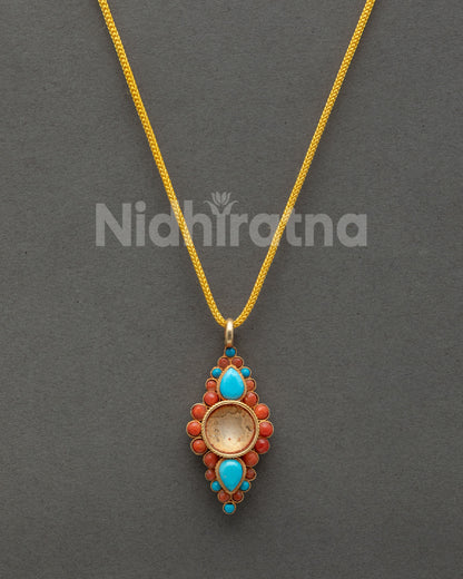 Handcrafted Nepalese flower locket with turquoise and coral gemstone detailing