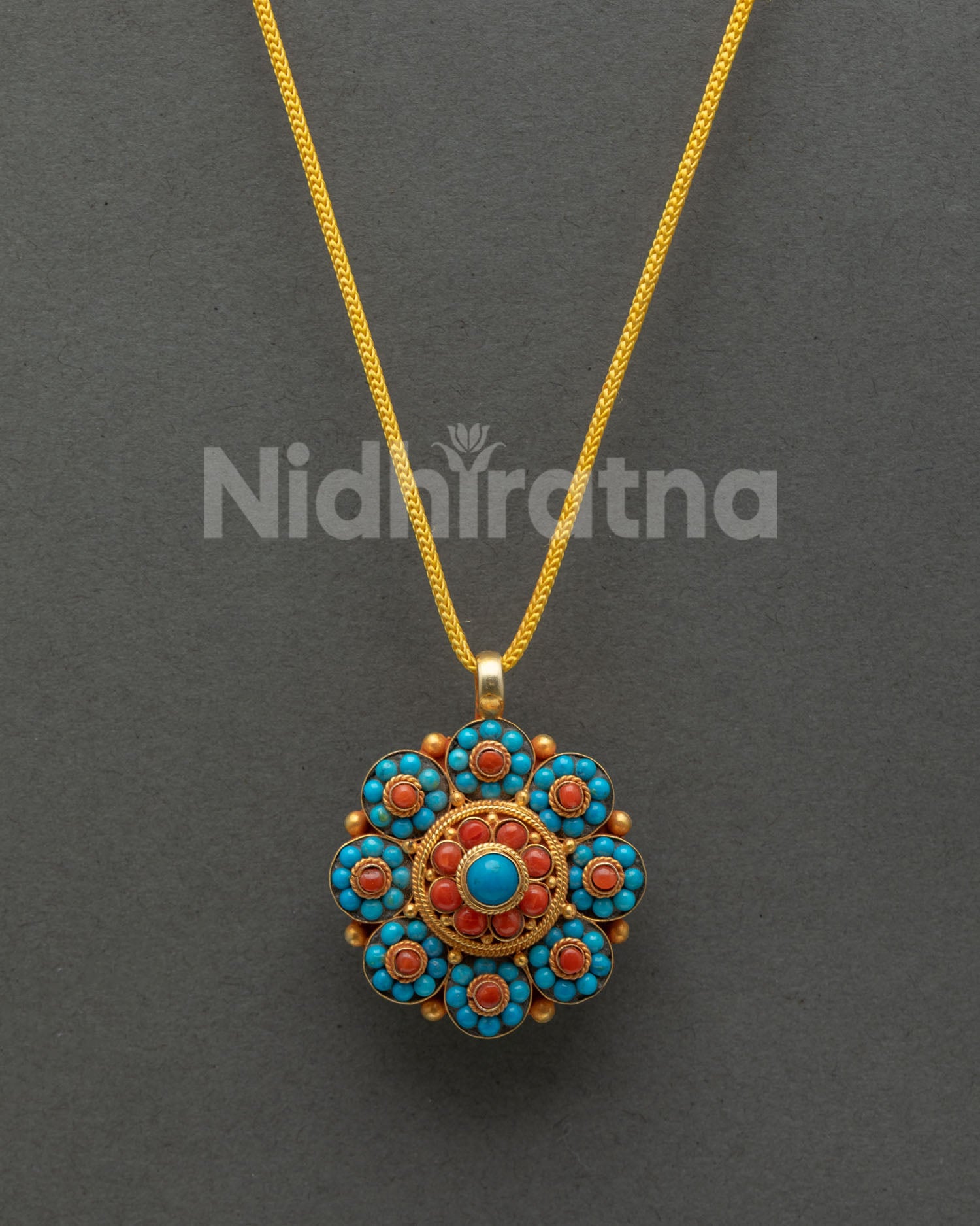 Handcrafted Nepalese Flower Locket with Turquoise and Coral Stones