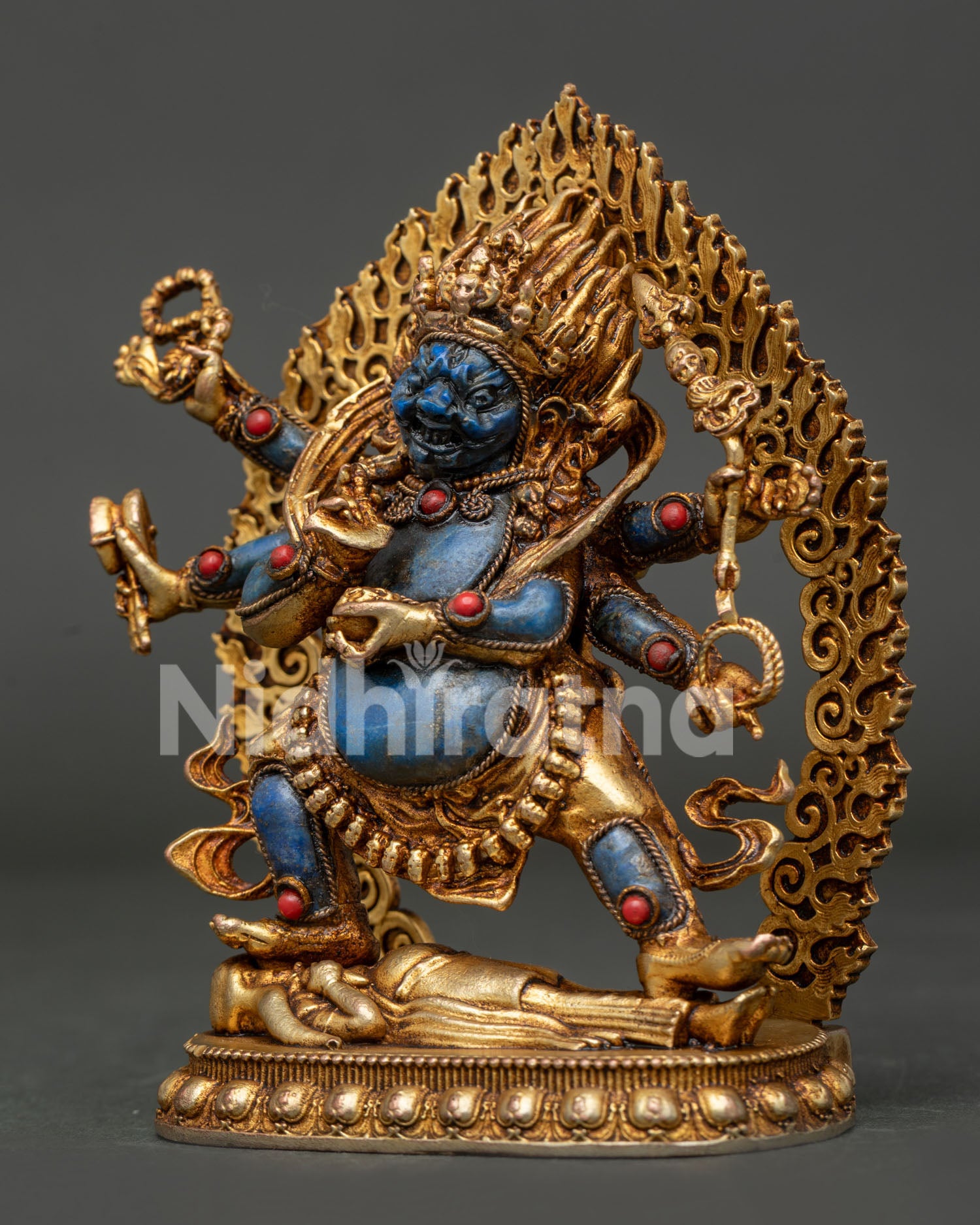 Handcrafted Nepalese Six-Armed Mahakala Statue with lapis lazuli carving and traditional Newari craftsmanship