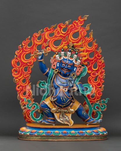 Handcrafted Nepalese Vajrapani Bodhisattva statue in blue copper with vajra, wrathful expression on lotus seat